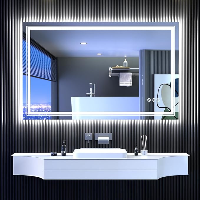 Snowdool LED Mirror for Bathroom, 48"X30" with 8 RGB Backlit +3 Front Lit (Adjustable Individually), Anti-Fog, Large Lighted Bathroom Vanity Mirror for Wall,Shatterproof,Memory Function,Tempered Glass