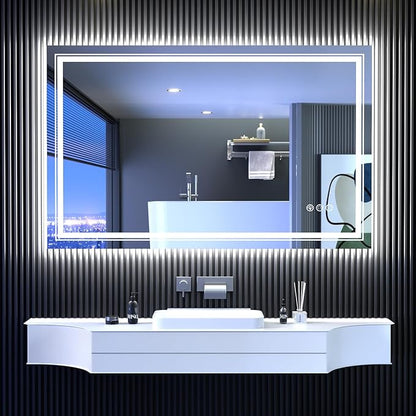 Snowdool LED Mirror for Bathroom, 48"X30" with 8 RGB Backlit +3 Front Lit (Adjustable Individually), Anti-Fog, Large Lighted Bathroom Vanity Mirror for Wall,Shatterproof,Memory Function,Tempered Glass