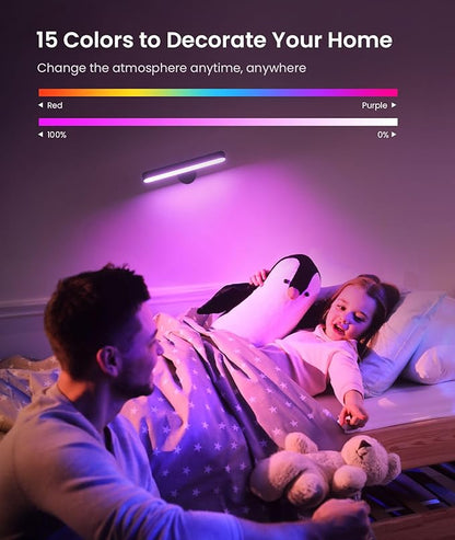 PopoIron Wall Sconce with 7500mAh Rechargeable Battery LED Wall Light for Bedroom with Remote Control, 3 Colors Wireless Wall Lamp 360° Rotation Dimmable Brightness with 15 RGB Colors,Black,1 Pack