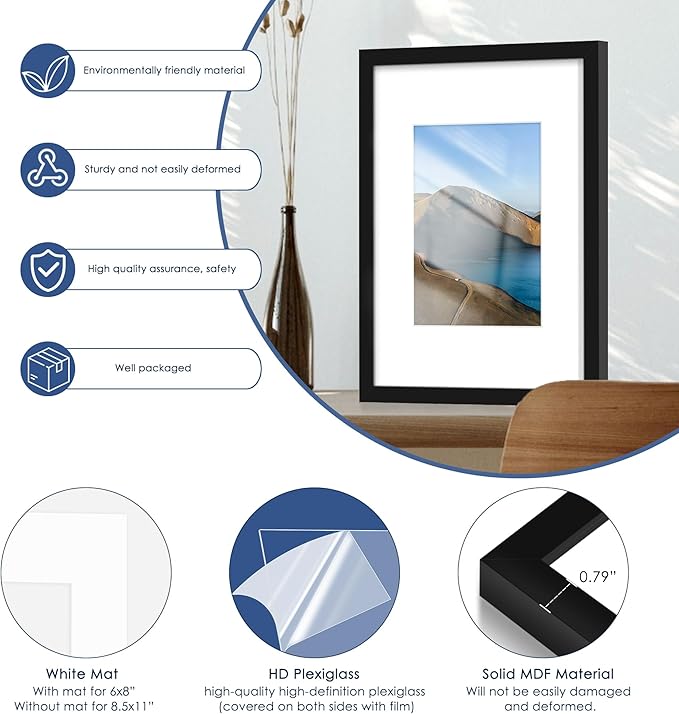 PEALSN 9x12 Picture Frame Set of 6, Display Pictures 6x8 with Mat or 9x12 without Mat for Wall Mounting or Table Top Display, Photo Frames Collage for Wall Decor, Black
