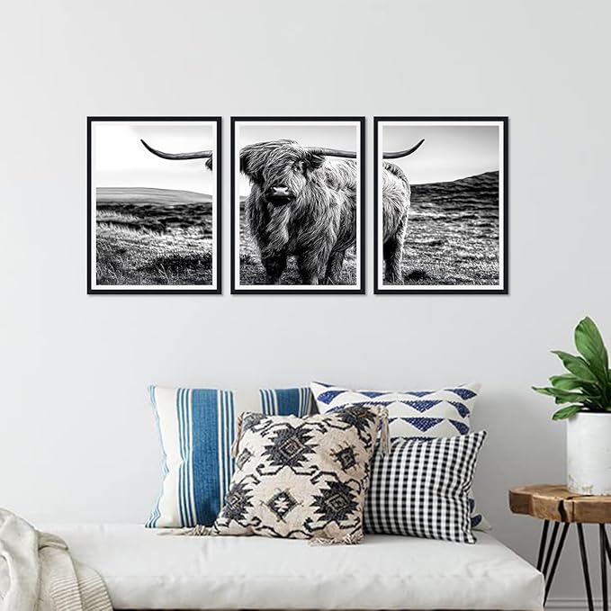 Black White Highland Cow Canvas Wall Art Vintage Hairy Cow Poster Rustic Farmhouse Animal Framed Wall Decor for Kitchen Living Room Bedroom Country House Decor Easy to Hand 12x16inchx3pcs