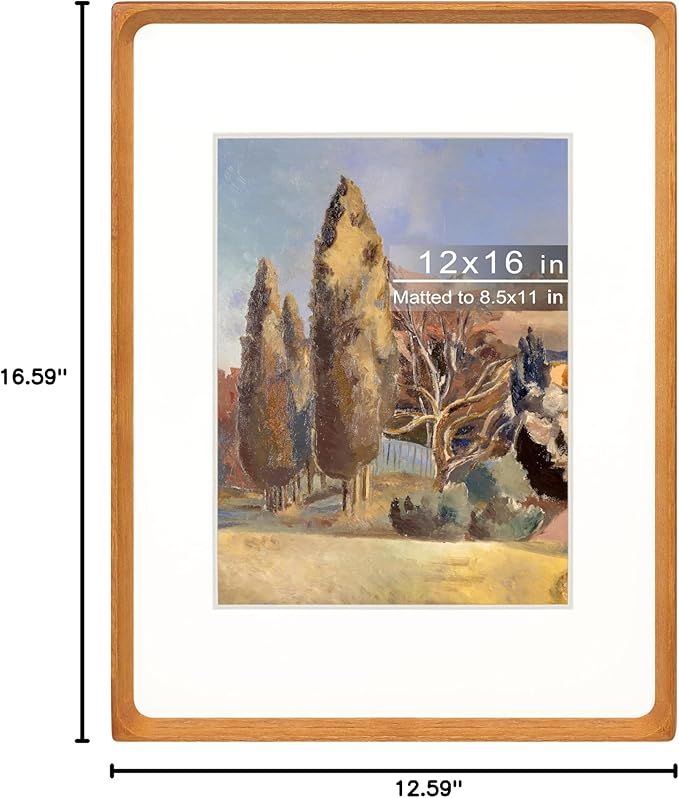 12x16 Picture Frame with Mat for 8.5x11, Natural Teak Wood Handcrafted Rounded Corner with Plexiglass, Vertical or Horizontal Display Photo Document Gallery Poster Wall Mounting Frame