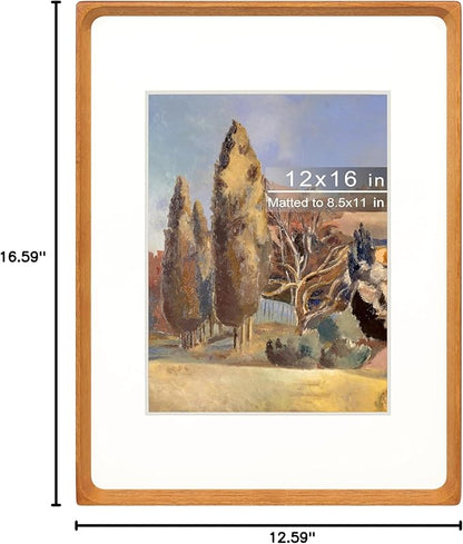 12x16 Picture Frame with Mat for 8.5x11, Natural Teak Wood Handcrafted Rounded Corner with Plexiglass, Vertical or Horizontal Display Photo Document Gallery Poster Wall Mounting Frame