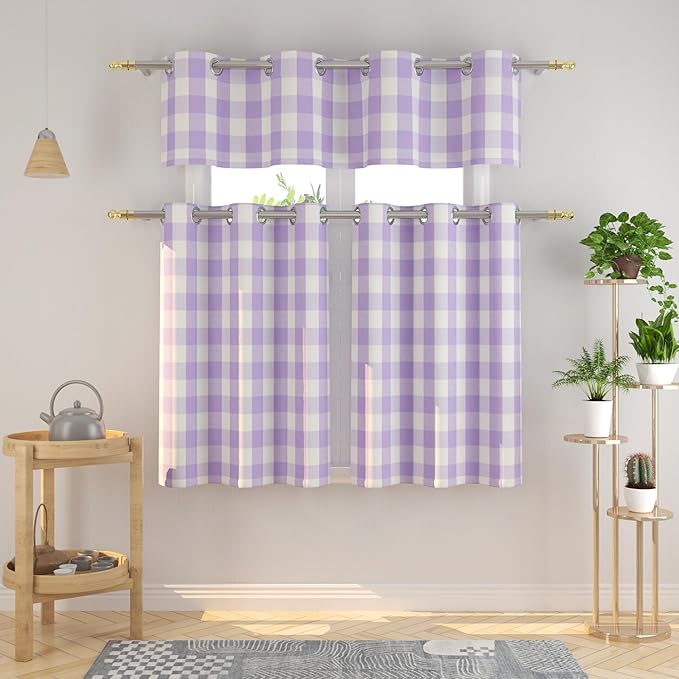 3 Pieces Tier Curtains and Valance Set Buffalo Check Kitchen Tiers Plaid Gingham Grommet Top Classic Short Small Cafe Curtains Country Farmhouse Cafe Bathroom 54"x18"/32"x24" Lilac & White