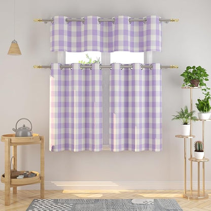 3 Pieces Tier Curtains and Valance Set Buffalo Check Kitchen Tiers Plaid Gingham Grommet Top Classic Short Small Cafe Curtains Country Farmhouse Cafe Bathroom 54"x18"/32"x30" Lilac & White