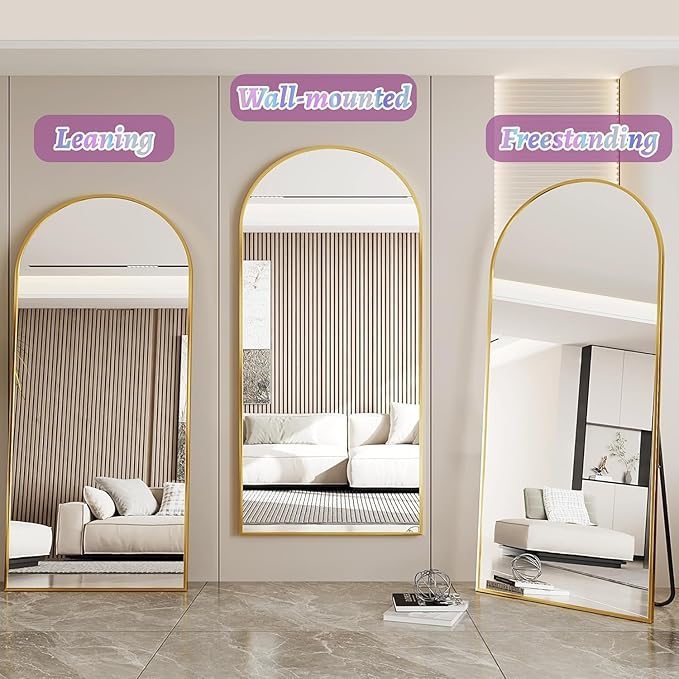 44"×88" Arched Full Length Floor Mirror, Standing Mirror with Aluminum Frame, Large Body Mirror of Free Standing/Wall Mount/Leaning for Bedroom, Living Room, Dressing Room, Gold
