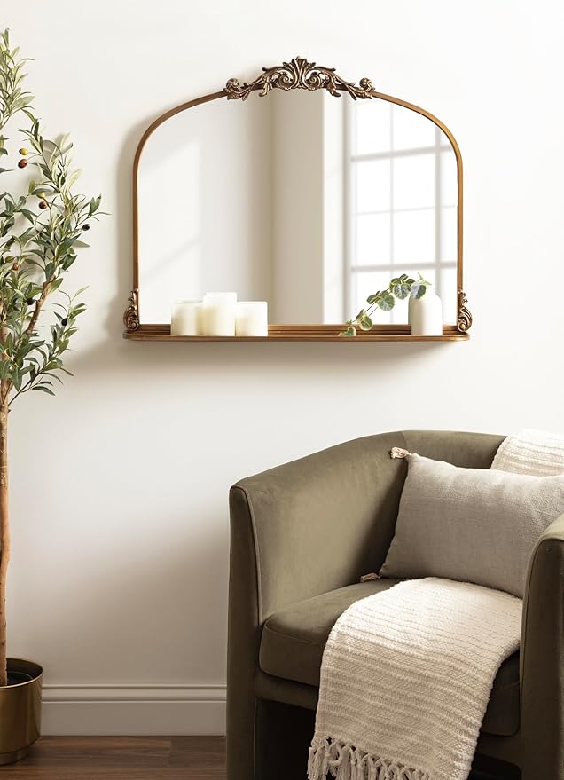 Kate and Laurel Arendahl Traditional Vintage Arch Mirror with Shelf, 33 x 26, Gold, Baroque Antique Arched Wall Mirror with Functional Shelf for Use as Vanity Bathroom Mirror or Cute Nursery Mirror