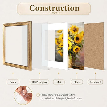JCJMY 11x14 Vintage Picture Frame with 8x10 Mat Set of 4, Elegant Retro 11 by 14 Photo Frame with Shatter-Resistant Plexiglass for Wall Hanging, Gallery Decor & Gift, Gold, 4 Pack