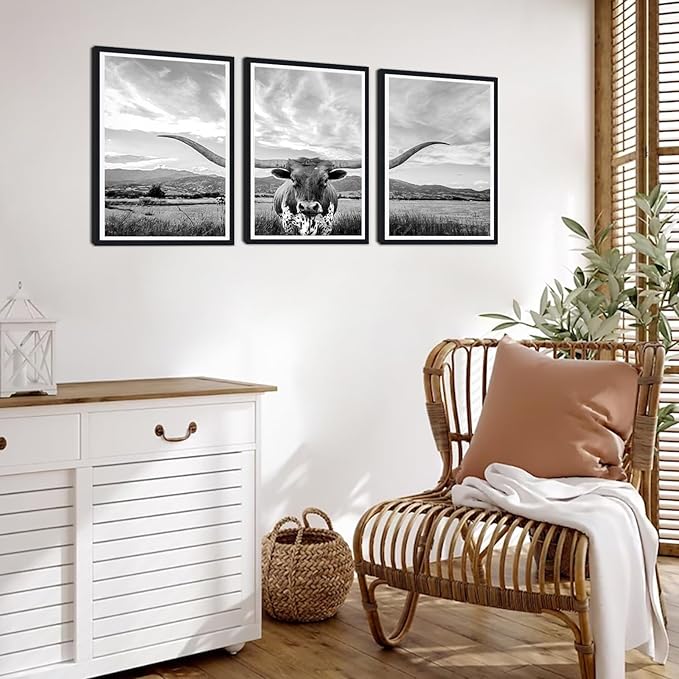 Longhorn Cow Black Framed Canvas Wall Art Black and White Highland Cow Poster Vintage Farmhouse Animal Rustic Art Wall Decor for Country House Apartment Living Room Decor Easy to Hand 12x16inchx3pcs