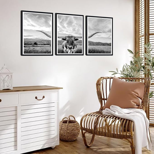 Longhorn Cow Black Framed Canvas Wall Art Black and White Highland Cow Poster Vintage Farmhouse Animal Rustic Art Wall Decor for Country House Apartment Living Room Decor Easy to Hand 12x16inchx3pcs