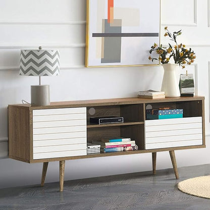 Tangkula Mid-Century Modern TV Stand for TVs up to 70" - Wooden Console Table with Storage Shelves, Cabinet and Drawer, Living Room Entertainment Center (Walnut & White)