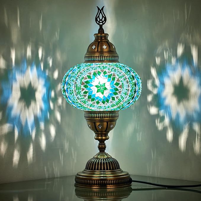 DEMMEX – 7" Large Globe Turkish Moroccan Mosaic Table Lamp, Handcrafted Tiffany-Style Colorful Glass Bedside, Desk & Table Light, Artisan Decor for Living Room or Bedroom, 14" H (Turquoise)