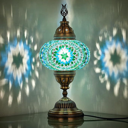 DEMMEX – 7" Large Globe Turkish Moroccan Mosaic Table Lamp, Handcrafted Tiffany-Style Colorful Glass Bedside, Desk & Table Light, Artisan Decor for Living Room or Bedroom, 14" H (Turquoise)