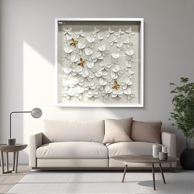 BrightA 3D Textured wall decorations, leather and metal-tinged golden and white metal butterfly wall sculptures, large artworks, gradient colors, modern artworks, suitable for decoration in living rooms and bedrooms (23.6"x23.6", White wooden frame)