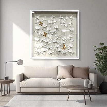 BrightA 3D Textured wall decorations, leather and metal-tinged golden and white metal butterfly wall sculptures, large artworks, gradient colors, modern artworks, suitable for decoration in living rooms and bedrooms (23.6"x23.6", White wooden frame)