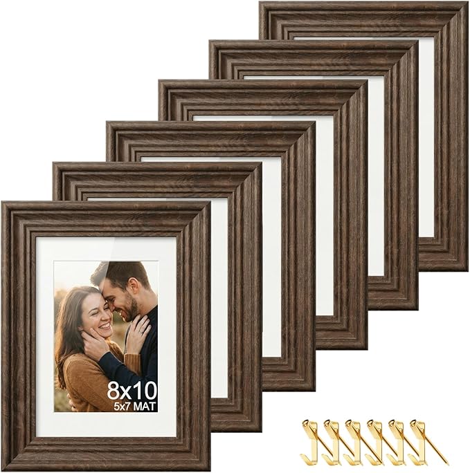 POZEAN 8x10 Picture Frame Set of 6, Picture Frames for Gallery Wall Decor Wood Grain Look, Shatterproof Lightweight Design, Wall Hanging & Tabletop Display with Mat for 5x7 Photos, Rustic Home Decor Living Room Bedroom Office