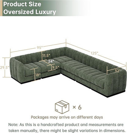 Morden Fort 6-Seater L-Shaped Modular Sectional Sofa, Large Deep Seat Chenille Couch for Living Room, Modern Modular Corner Sofa with High-Density Foam Cushions, Family Couch, Green