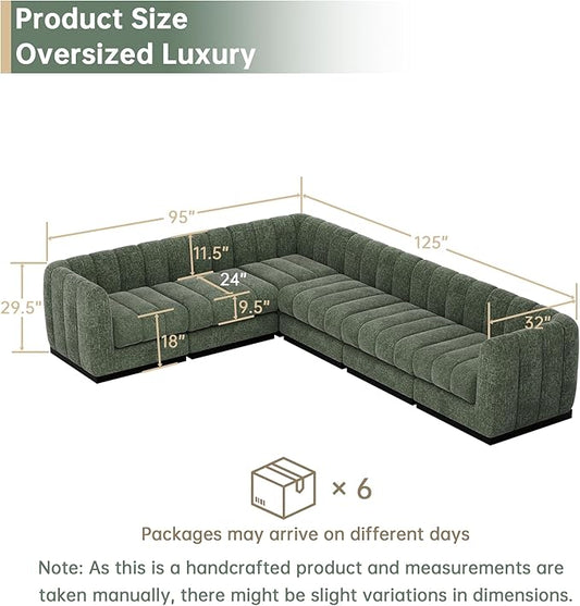 Morden Fort 6-Seater L-Shaped Modular Sectional Sofa, Large Deep Seat Chenille Couch for Living Room, Modern Modular Corner Sofa with High-Density Foam Cushions, Family Couch, Green