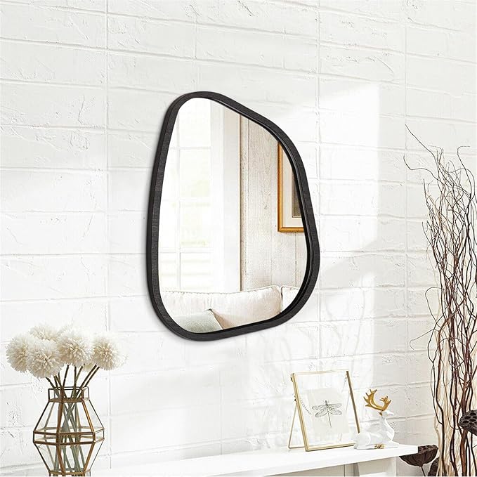 Asymmetrical Small Wall Mirror Irregular Wood Frame Modern Unique Accent Wall Mirror Decorative Vanity Bathroom Living Room Bedroom Entryway Hallway Artistic Wavy Mirror Small 16"x12"