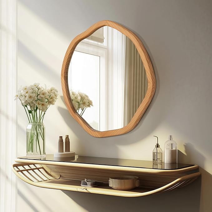 ULIKE Round Wood Mirror, 30 Inch Irregular Circle Vanity Wall Mirror with Wooden Frame, Rustic Decorative Wall Mount for Bathroom Bedroom Living Room Entryway, Natural