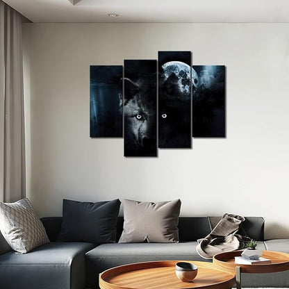 4 Panel Wall Art Black Wolf and Full Moon Painting The Picture Print On Canvas Animal Pictures for Home Decor Decoration Gift Piece (Stretched by Wooden Frame,Ready to Hang)