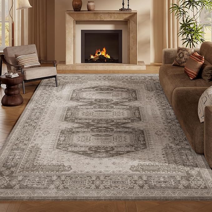 9x12 Area Rugs Grey Brown Washable Rug for Living Room, Dining Room, Bedroom, Large Carpets, Non Slip & Non-Shedding Low Pile Vintage Print Rug for Home Office Decor