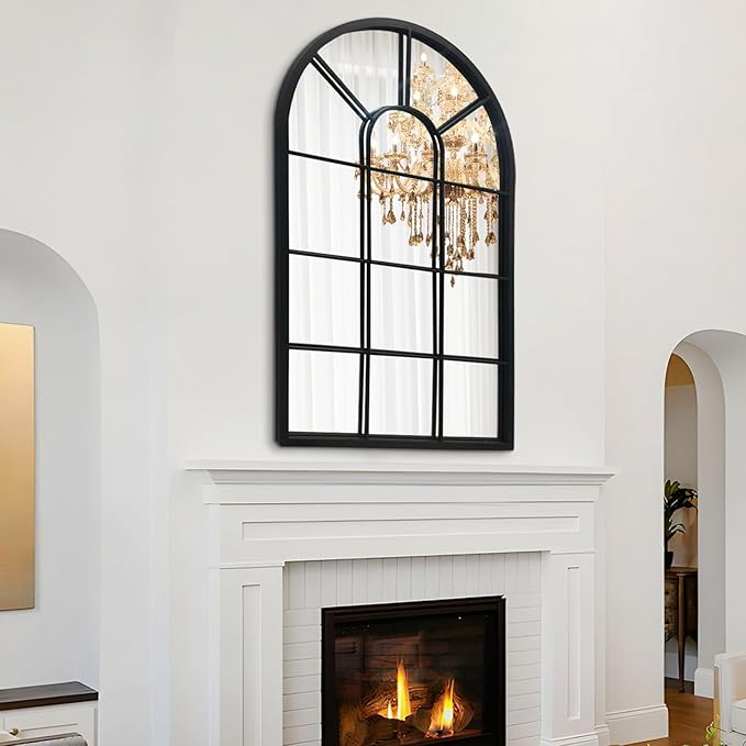 HQiJun Wall Mirror Window Decorative Mirrors Arched Farmhouse for Living Room Bedroom Entryway Bathroom Vanity (Black,41.3”x 24” x1”)