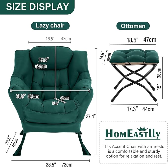 Lazy Chair with Ottoman, Large Dark Green Accent Chair with Ottoman, Comfy Reading Armchair, Leisure Sofa Chair for Living Room, Bedroom, Dorm Room, Office
