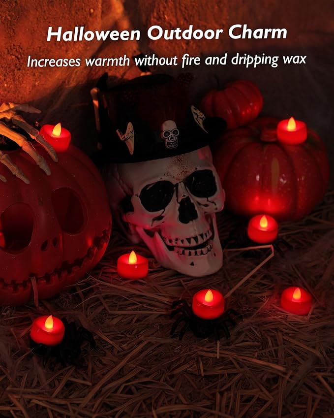 merrynights Flameless Candles, 12 Pack Tea Lights Candle Battery Operated, Flameless Tealight Votives, Realistic Tea Lights for Halloween Christmas Party Decor -D 1.5” x H 1.25”-Red Light