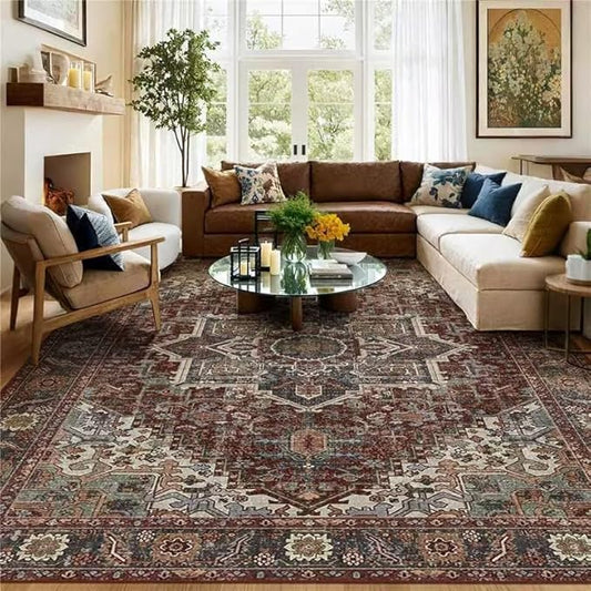 Kokia 10x14 Washable Area Rugs Maroon with Vintage Orient Design, Soft Rug for Living Room or Bedroom, Non-Slip Low Pile Stain Resistance Features, Distressed Medallion Pattern