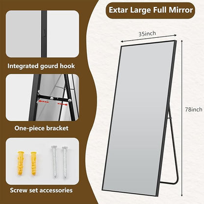Koonmi 78"x35" Floor Mirror Full Length, Bedroom Floor Body Mirror with Stand, Large Black Mirror, Leaning, Standing or Hanging Horizontally/Vertically