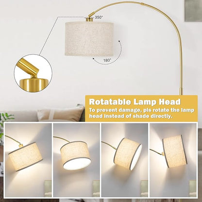 Gold Arc Floor Lamp, Dimmable Floor Lamp for Living Room, Mordern Standing Light with Adjustable Lamp Head, Tall Pole Lamp Over Couch Arched Light for Reading, Bedroom, Office, 9W LED Bulb Included