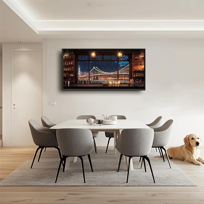 Brooklyn Bridge Large Wall Art for Living Room New York Nighttime Skyline Landscape Framed Pictures Canvas Decor City Prints Painting Extra Large Modern Artwork for Bedroom Office Kitchen 30"x60"