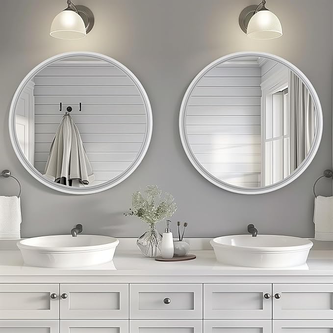 HOMECOOKIN Round Wood Mirror, 31" Round Bathroom Wall Mirror Circle Mirrors for Wall Decor, Vanity, Living Room, Bedroom, Entryway, White