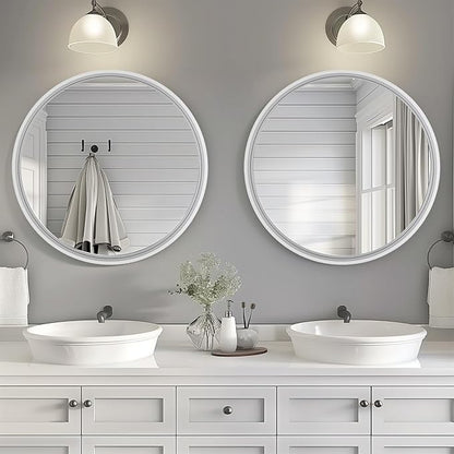 HOMECOOKIN Round Wood Mirror, 31" Round Bathroom Wall Mirror Circle Mirrors for Wall Decor, Vanity, Living Room, Bedroom, Entryway, White
