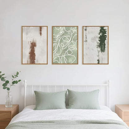 Large Abstract Green Brown Geometric Framed Canvas Wall Art Set,Minimalist Neutral Brush Stroke Wall Decor,Modern Watercolor White Curved Lines Artwork for Living Room,Bedroom,Office-24 x36 x3