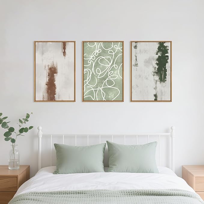 Large Abstract Green Brown Geometric Framed Canvas Wall Art Set,Minimalist Neutral Brush Stroke Wall Decor,Modern Watercolor White Curved Lines Artwork for Living Room,Bedroom,Office-16 x24 x3