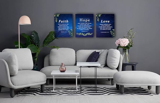 Faith & Hope Bible Verse Wall Art - Christian Canvas Wall Art, Religious Decor Gift for Living Room & Bedroom (29 x 38cm x 3pcs) Framed Starry Sky