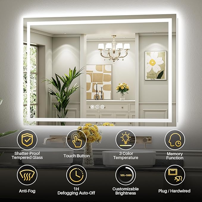Briivue 55x36 Inch LED Bathroom Mirror with Lights, Backlit & Front Lit, Anti-Fog Lighted Bathroom Vanity Mirror for Wall, Memory Function, Dimmable, HD Tempered Glass, Shatter-Proof