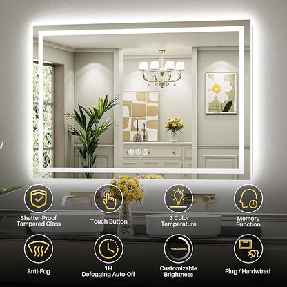 Briivue 55x40 Inch LED Bathroom Mirror with Lights, Backlit & Front Lit, Anti-Fog Lighted Bathroom Vanity Mirror for Wall, Memory Function, Dimmable, HD Tempered Glass, Shatter-Proof