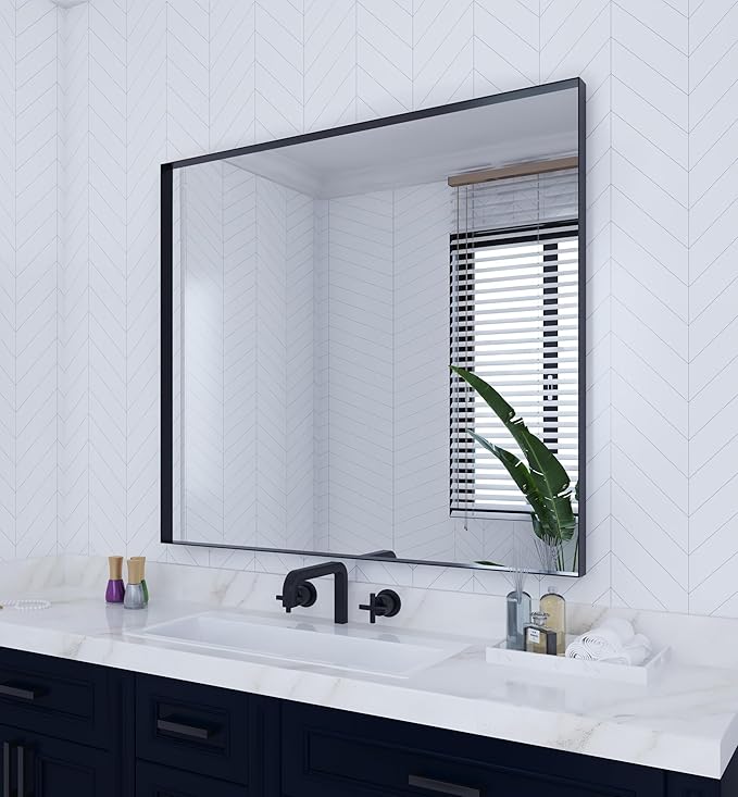 VocalStar Black Bathroom Mirror for Wall, 36 x 40 Inch Large Square Corner Rectangle Metal Framed Bathroom Vanity Mirrors Modern Farmhouse, 1/4-inch Shatterproof Glass | Ultra-Flush Hanging