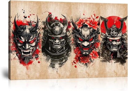 Japanese Samurai Wall Decor Bushido Wall Art Red and Black Canvas Pictures for Japan Theme Restaurant Tavern Hotels Bedroom Living Room Office Bathroom Asian Artwork Prints Framed