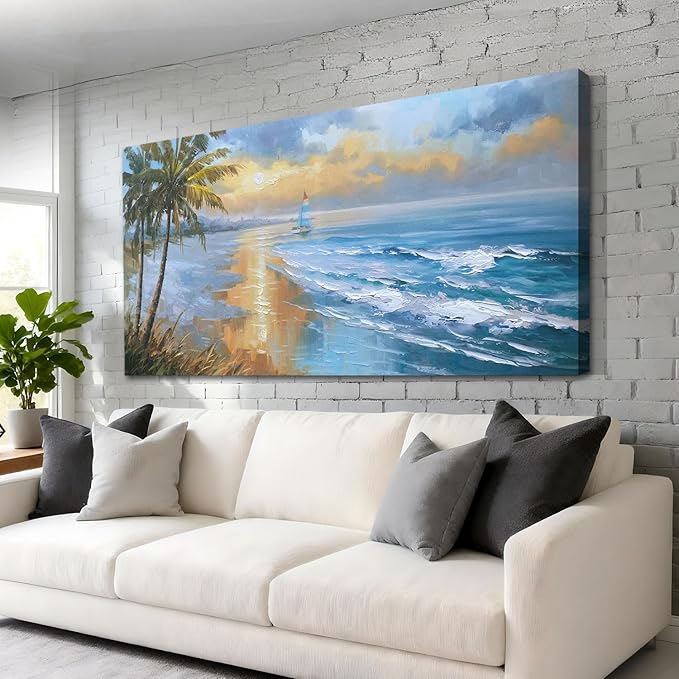Enartly 3D Textured Seascape Wall Art for Living Room, Ocean Nature Coconut Tree Landscape Canvas Painting Artwork Framed Bedroom Bathroom Hallway Home Office Wall Decor, 48"x24"