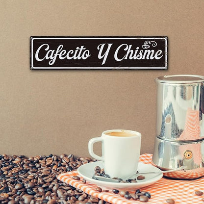 Coffee Metal Signs, Cafecito y Chisme Sign, Funny Coffee Home Decor, Farmhouse Wall Decor for Home Vintage Bar or Dorm, Coffees Station Decors, Decorative Metal Wall Signs 15.8x4 Inches
