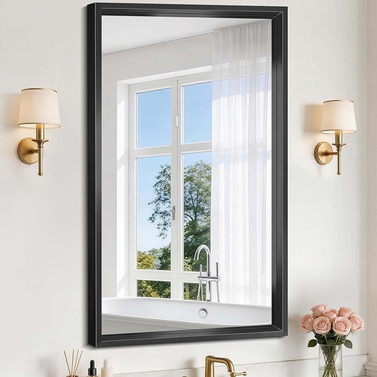 Black Framed Mirror 24"x42", Brushed Black Bathroom Mirrors for Over Sink, 0.6" Thickened Deep Frame Rectangle Mirrors for Wall, Shatterproof Tempered Glass, Antirust, Horizontally/Vertically