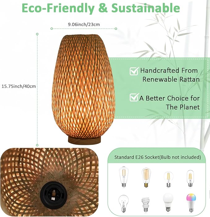 ARTZONE Rattan Lamp, Vintage Boho Lamp for Bedside, Handmade Mini Bamboo Table Lamp for Entrance Bedroom Living Room Office and Home Decor