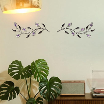 sxnzequnze 2 Sets Leaf Wall Art for Home Metal Bling Rhinestones Ready to Hang Tree Branch Leaves Olive Vine Wrought Iron Hanging Sculpture Pieces Wall Decor Pcs - 16.5in