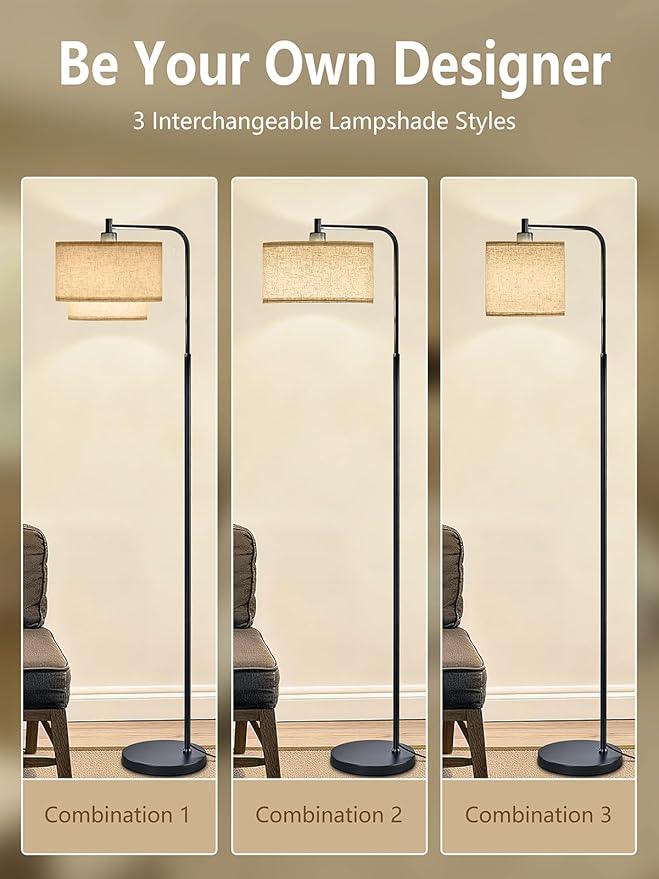 64" Modern Floor Lamp for Living Room Bedroom, Floor Lamp with 3 Color Temperatures, Standing Lamp with Double Oatmeal Linen Lampshade, Tall Lamp with A19 12W LED Bulb, Foot Switch Control, Black