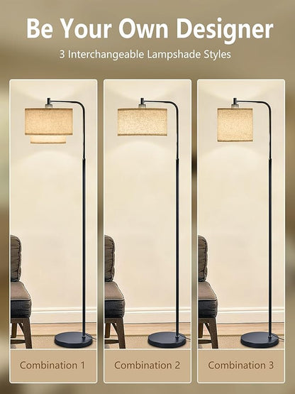 64" Modern Floor Lamp for Living Room Bedroom, Floor Lamp with 3 Color Temperatures, Standing Lamp with Double Oatmeal Linen Lampshade, Tall Lamp with A19 12W LED Bulb, Foot Switch Control, Black