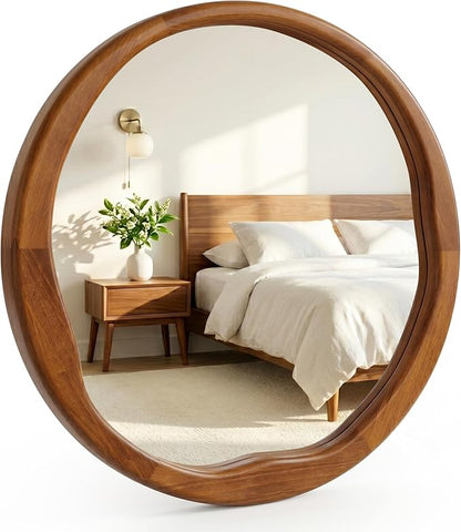 Walnut Round Mirror 24 Inch, Solid Wood Framed Bathroom Vanity Mirror with Wavy Inner Edge, Retro Mid-Century Wall Decor for Bedroom & Entryway